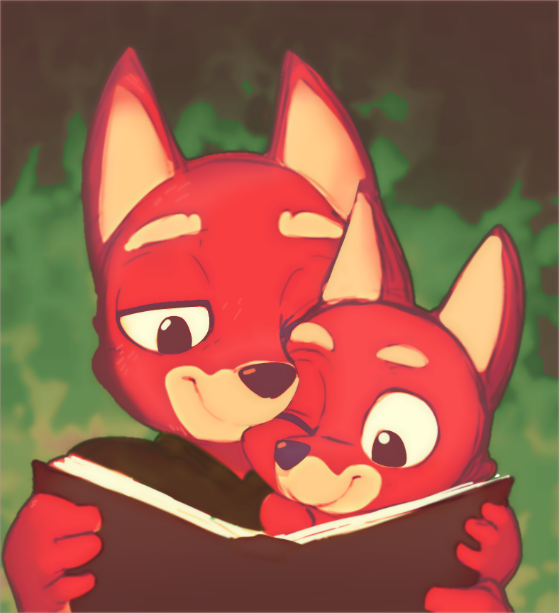 anthro australian_kelpie bluey_(series) book canid canine canis domestic_dog duo fur herding_dog kelpie male mammal one_eye_closed pastoral_dog pefukawhu reading reading_book red_body red_fur rusty's_dad_(bluey) rusty_(bluey) sheepdog smile tan_body tan_fur