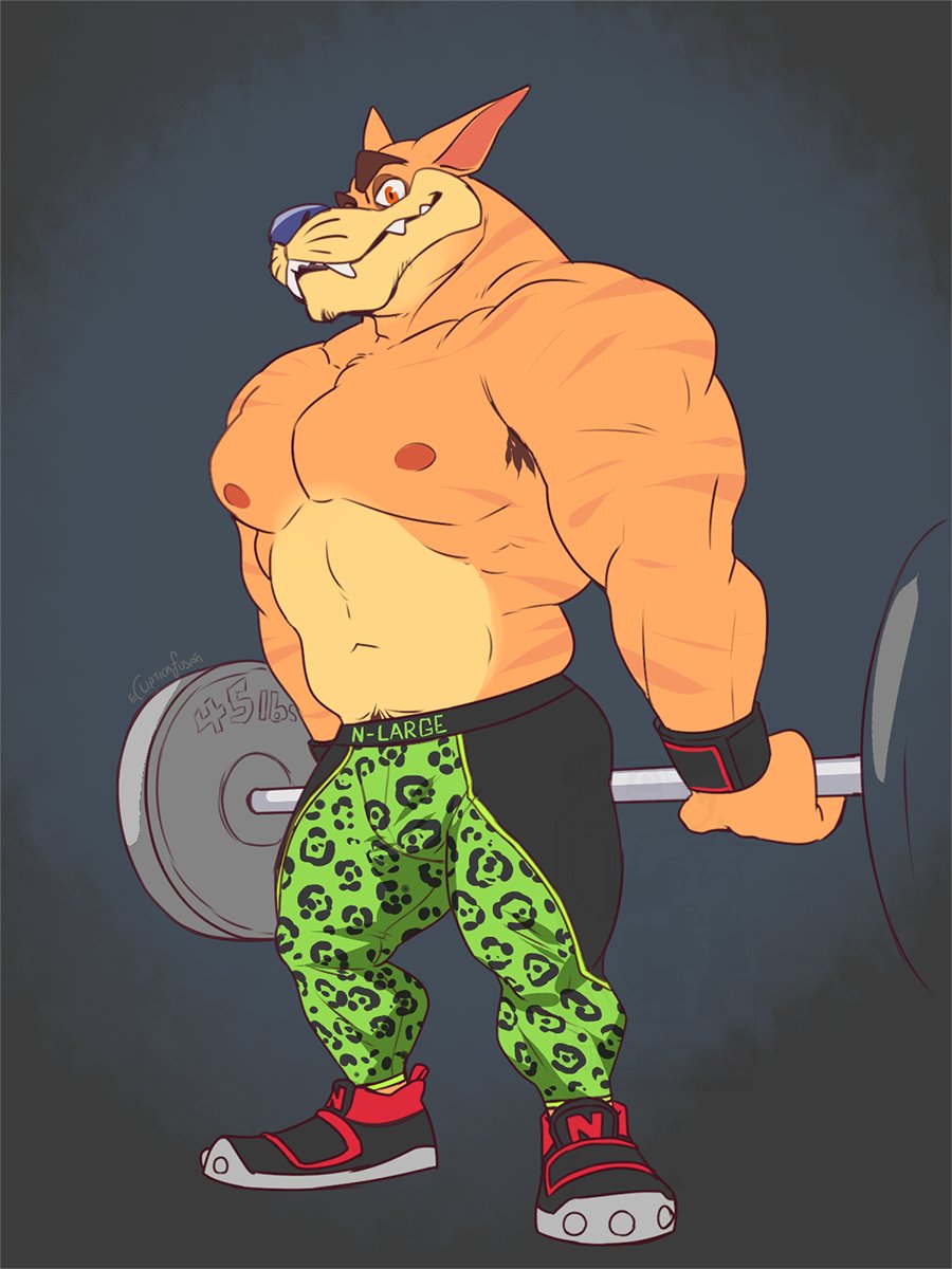 2021 3:4 abs activision anthro armpit_hair barbell big_muscles black_background body_hair bottomwear bulge clothed clothing crash_bandicoot_(series) dasyuromorph eclipsewolf exercise eyebrows footwear hi_res looking_at_viewer male mammal marsupial muscular muscular_anthro muscular_male navel nipples obliques pants pecs shoes simple_background smile solo standing teeth thylacine tiny_tiger topless topless_male video_games weightlifting weights whiskers workout wristband