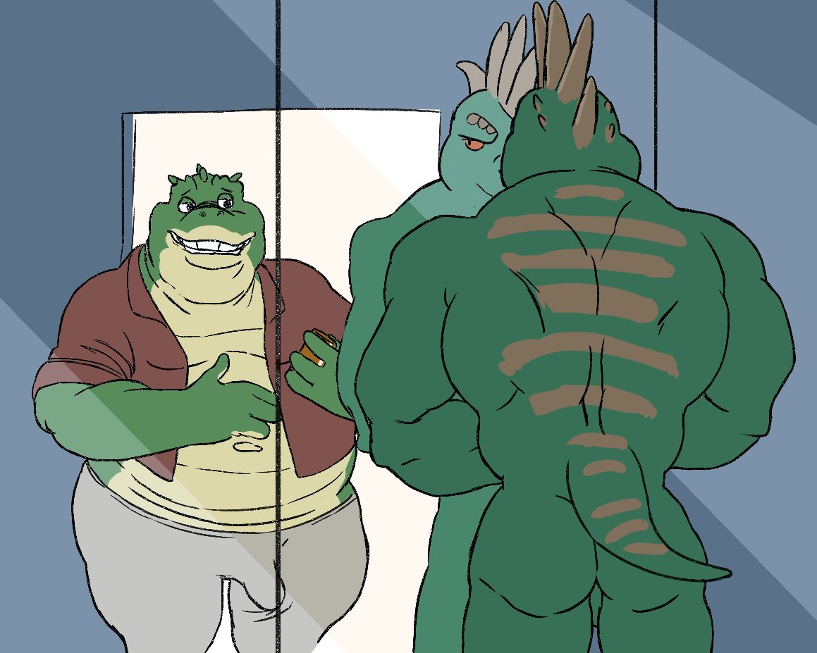 anthro belly birdy bulge clothing dinosaurs_(series) duo earl_sinclair father father_and_child father_and_son genital_outline green_body green_scales incest_(lore) male male/male nude overweight overweight_male parent parent_and_child penis_outline robbie_sinclair scales scalie smile smirk son tagme