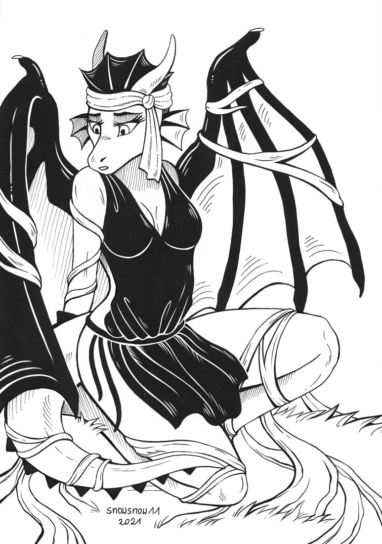 2021 accessory anthro arms_tied black_and_white bound breasts cleavage clothed clothing digital_media_(artwork) dragon dress entangled female headband legs_tied monochrome scales scalie signature sketch snowsnow11 solo tail_tied vanquish_(phantomfullforce) vines western_dragon wings wings_tied