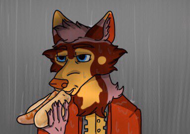 anthro canid canine canis claws clothing eating food food_fetish fur hot_dog lasair low_res male male/male mammal manly red_body red_fur solo toony wet wet_body wet_clothing wet_fur wolf