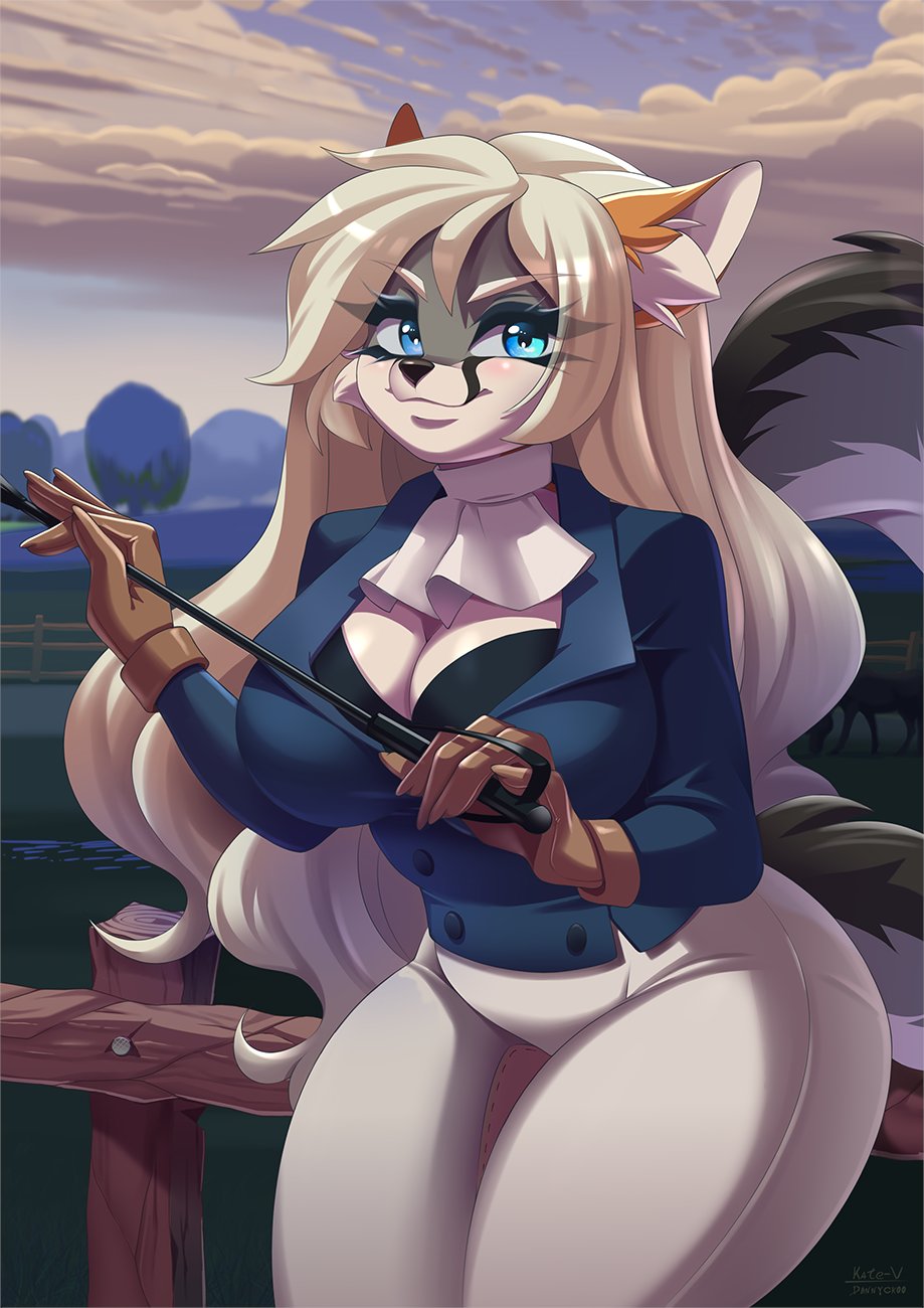 anthro big_breasts blonde_hair breasts cleavage clothed clothing dannyckoo domestic_cat felid feline felis female gloves hair handwear hi_res kinuli mammal riding_crop solo whip