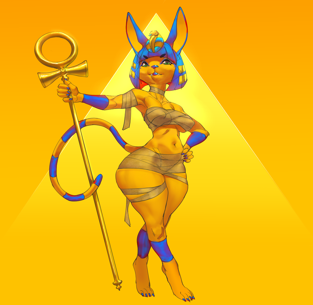 2021 abstract_background animal_crossing ankh ankha_(animal_crossing) anthro big_breasts biped blue_hair breasts clothed clothing domestic_cat egyptian felid feline felis female hair mammal midriff navel nintendo reptilian_orbit skimpy solo standing thick_thighs uraeus video_games wide_hips
