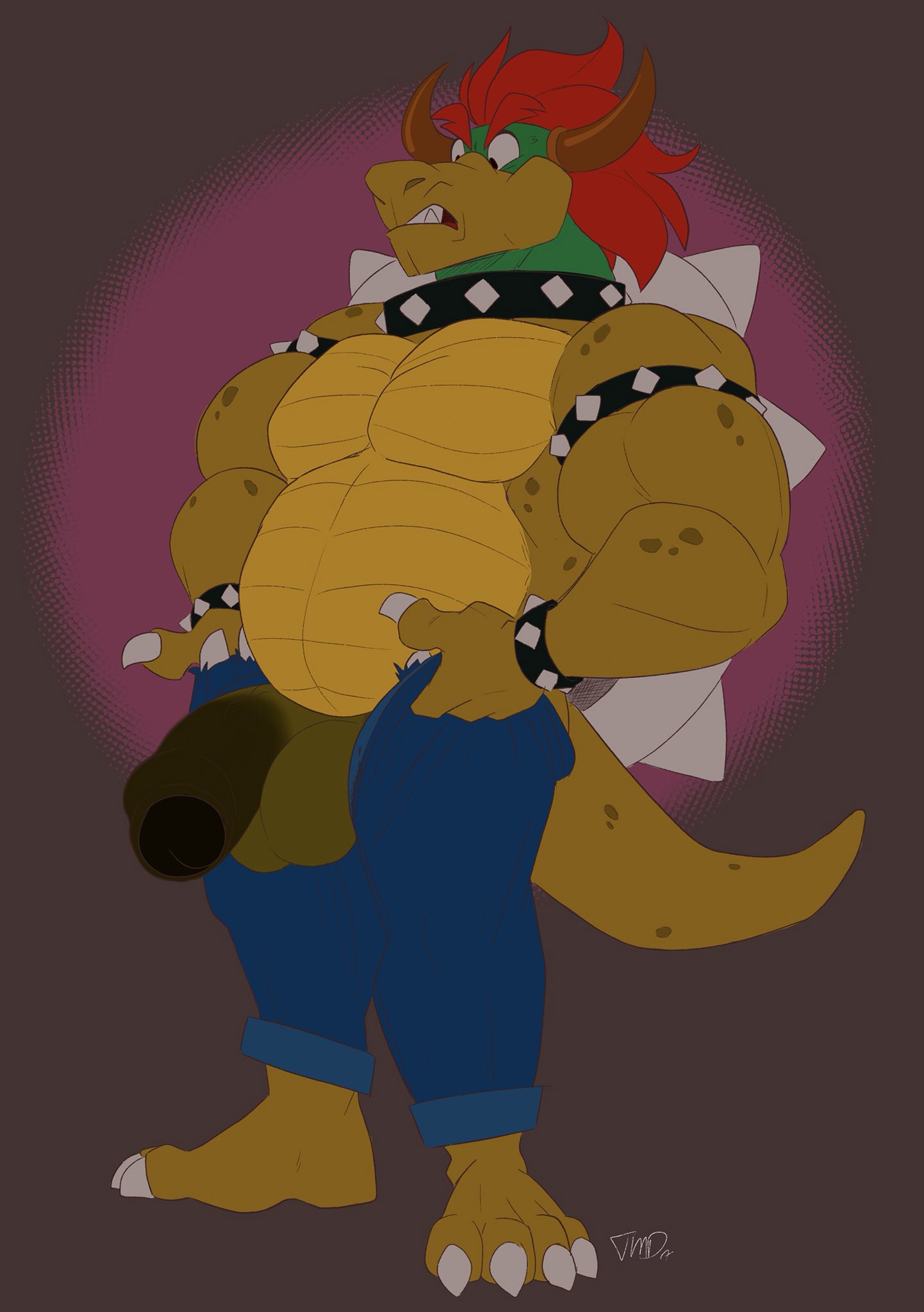 anthro armband balls big_penis bottomwear bowser bracelet brown_body brown_scales brown_skin claws clothed clothing collar denim denim_clothing dragon feet foreskin genitals green_body green_scales green_skin hair hi_res holding_bottomwear holding_clothing holding_object holding_pants horn jeans jewelry king_koopa koopa male mario_bros multicolored_body multicolored_scales musclegut nintendo open_mouth pants pecs penis red_hair scales scalie shell signature snout solo spiked_armband spiked_bracelet spiked_collar spiked_shell spikes spikes_(anatomy) teeth toomuchdynamite topless two_tone_body two_tone_scales unzipped unzipped_pants video_games