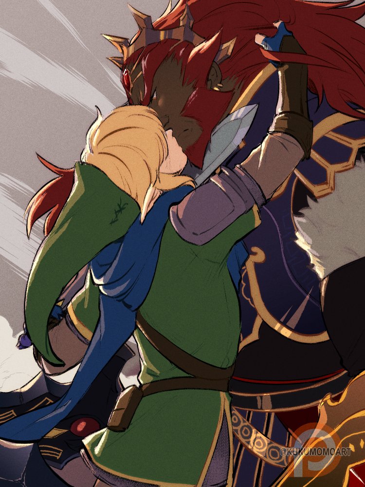2021 3:4 blonde_hair clothed clothing digital_media_(artwork) duo facial_hair ganondorf hair human human_on_humanoid humanoid humanoid_pointy_ears hylian interspecies kissing kukumomo larger_male link male male/male mammal nintendo not_furry red_hair signature simple_background size_difference smaller_male the_legend_of_zelda video_games