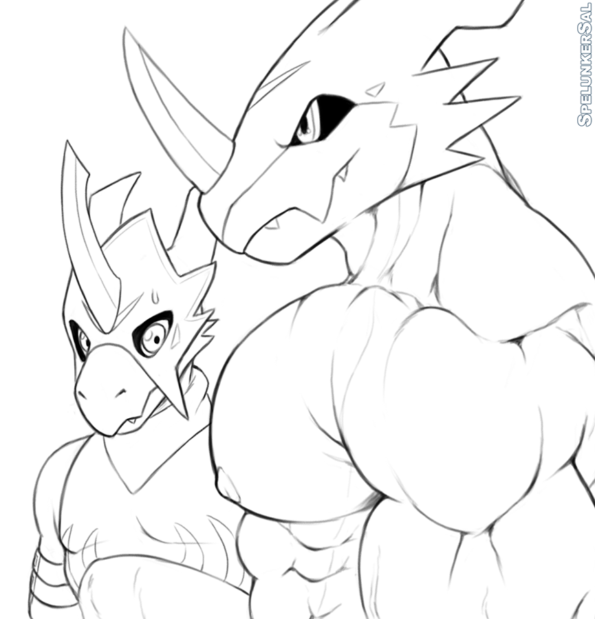 anthro armor bandai_namco bodily_fluids digimon digimon_(species) duo exveemon flamedramon girl_staring_at_man's_chest horn humor male male/male muscular muscular_anthro muscular_male nipples pecs spelunker_sal sweat