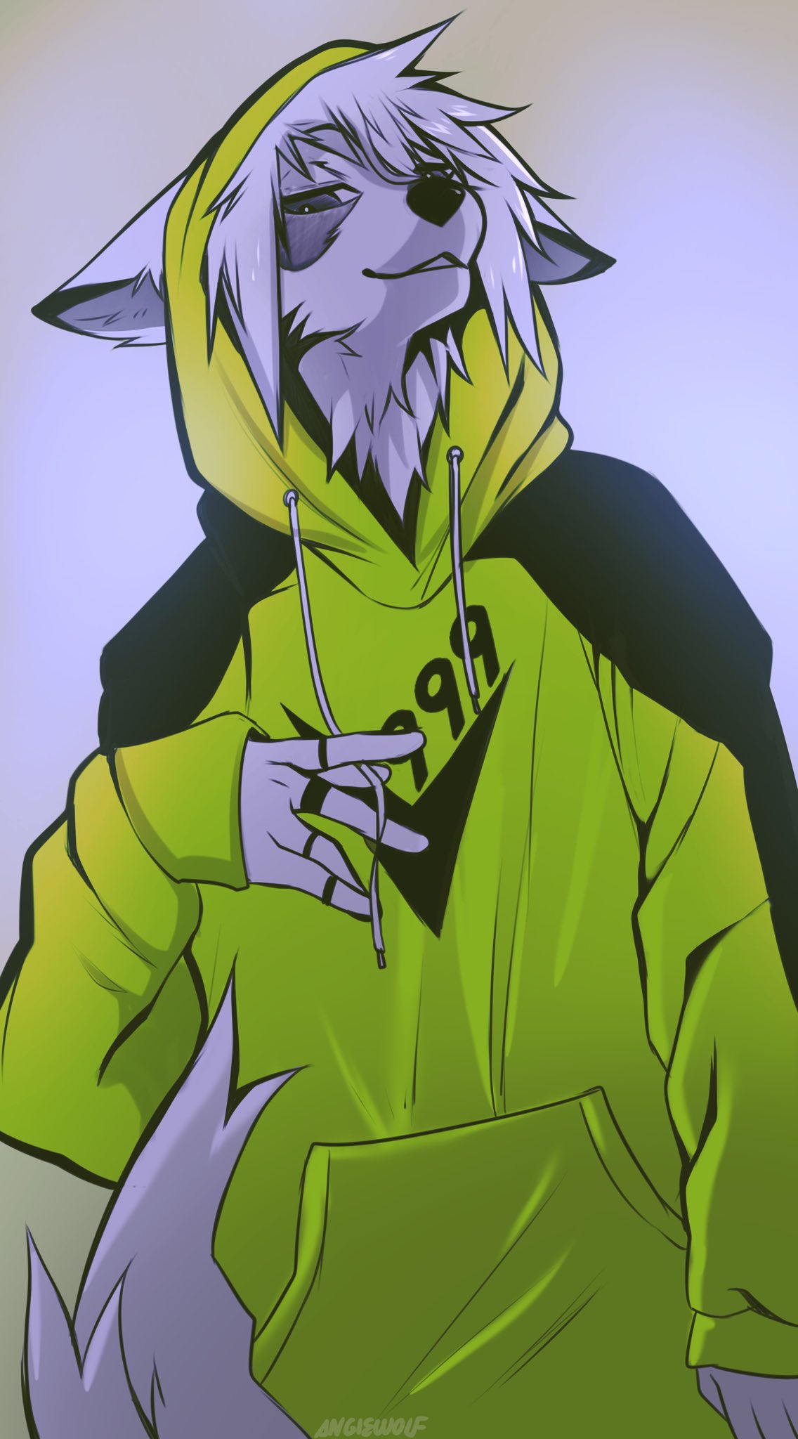 2021 5_fingers angiewolf anthro black_clothing canid canine canis clothing drawstring female fingers floppy_ears fur gradient_background hi_res hoodie lidded_eyes mammal number simple_background topwear vienna_(character) white_body white_fur wolf yellow_clothing