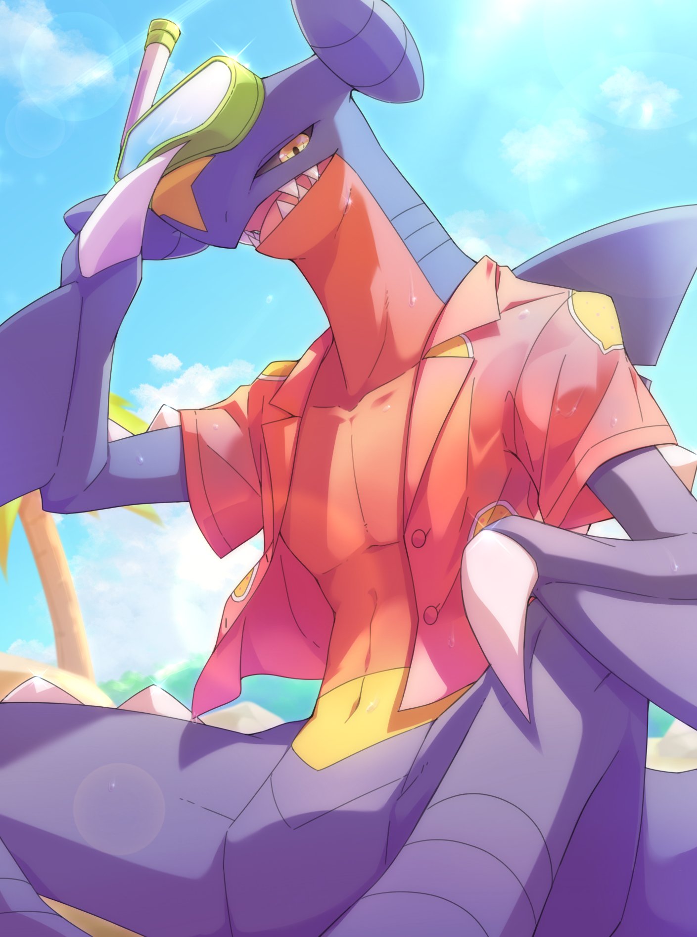 2021 beach_style_garchomp black_sclera blue_body blue_sky bodily_fluids bottomless bottomless_male clothed clothing d.summer day digital_media_(artwork) dorsal_fin feral fin garchomp hi_res male male_(lore) nintendo open_clothing open_mouth open_shirt open_topwear orange_clothing orange_shirt orange_topwear pecs pok&eacute;mon pok&eacute;mon_(species) pokemon_unite scalie semi-anthro sharp_teeth shirt sky snorkel solo spikes sweat teeth topwear video_games wing_claws yellow_body yellow_eyes