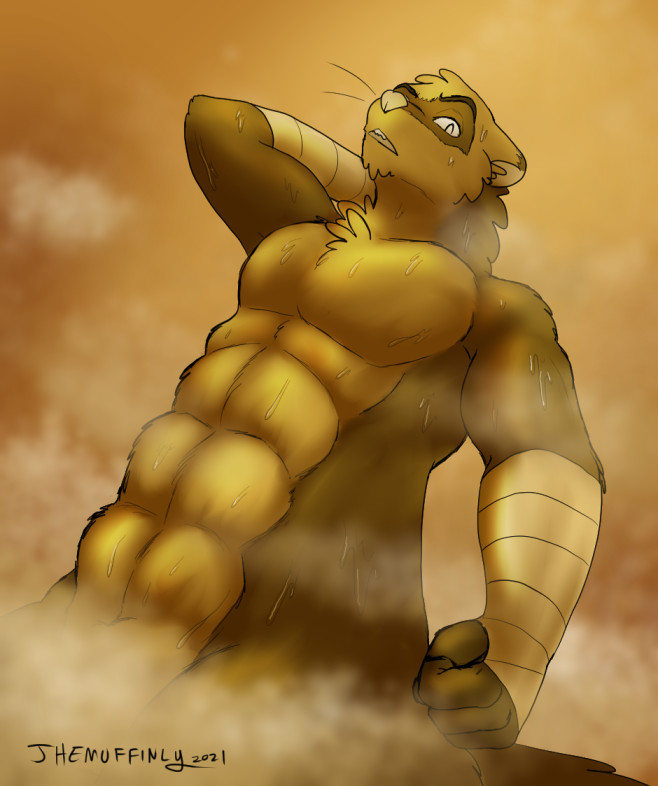 2021 abs anthro domestic_ferret looking_at_viewer low-angle_view male mammal muffin_(themuffinly) muscular muscular_male mustela mustelid musteline restricted_palette solo themuffinly true_musteline worm's-eye_view
