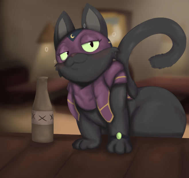 alcohol alfiq anthro bethesda_softworks beverage big_butt black_body black_eyes black_fur black_nose bracelet butt clothed clothing dipstick_ears dipstick_tail domestic_cat domino_mask felid feline felis female fur green_sclera grey_inner_ear half-closed_eyes jewelry locitony looking_at_viewer mammal markings mask moon moonshine_(miso_souperstar) mostly_nude multicolored_ears multicolored_tail narrowed_eyes purple_mask purple_scarf scarf semi-anthro solo tail_markings the_elder_scrolls thick_thighs video_games yellow_markings