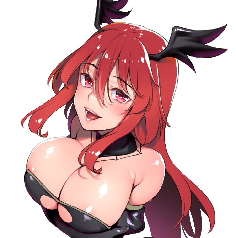 1girl :d black_gloves blush breasts bright_pupils cleavage detached_collar elbow_gloves eyebrows_visible_through_hair gloves h_kasei hair_between_eyes head_wings heart heart-shaped_pupils large_breasts long_hair looking_at_viewer open_mouth original red_eyes red_hair simple_background smile solo symbol-shaped_pupils upper_body white_background
