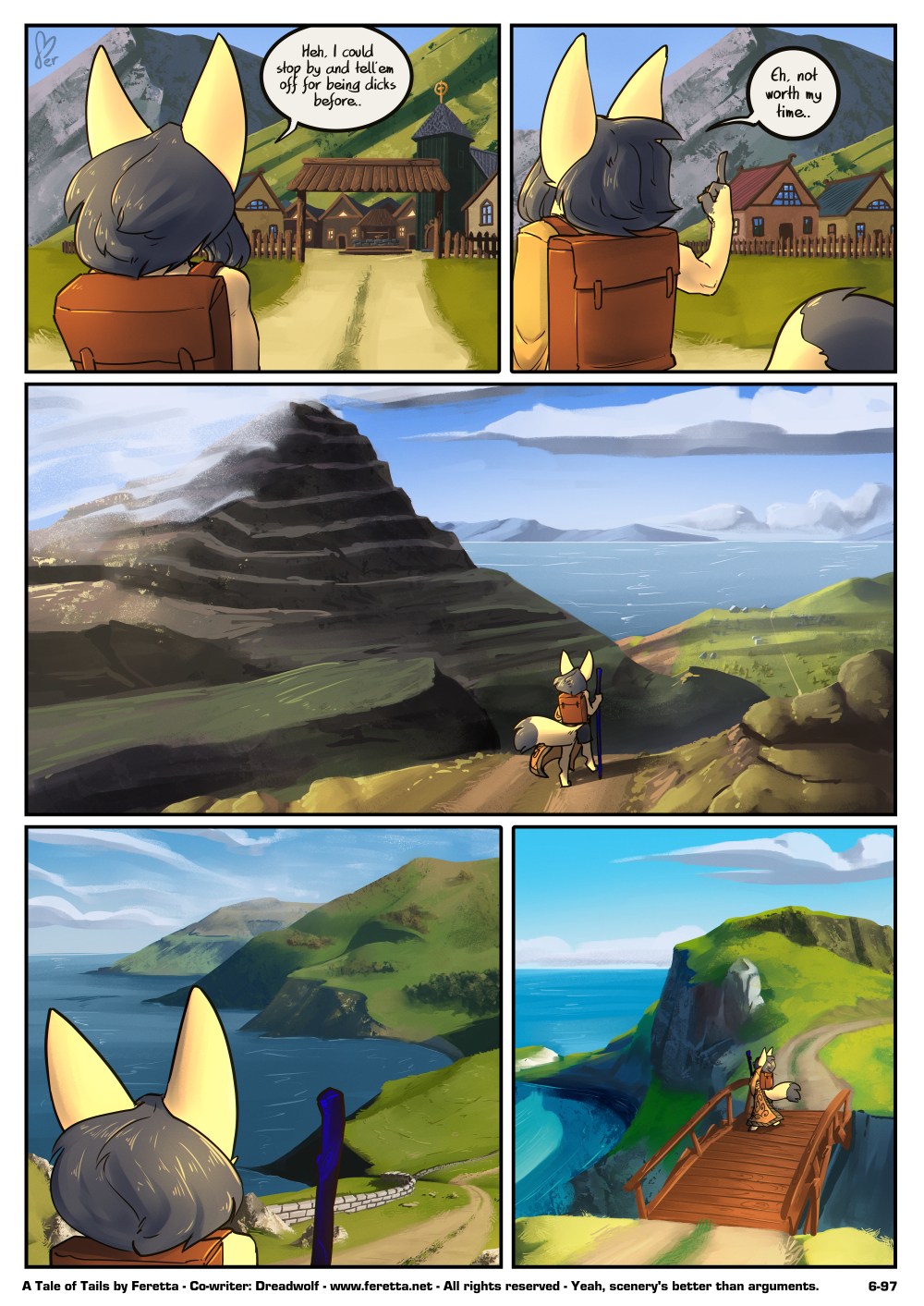 backpack black_hair bridge building canid canine clothing comic digital_media_(artwork) english_text female fenavi_montaro fennec feretta fox fur gesture hair hi_res house landscape mammal middle_finger mountain muscular muscular_female robe scenery sea shaded tale_of_tails text url village water webcomic yellow_body yellow_fur
