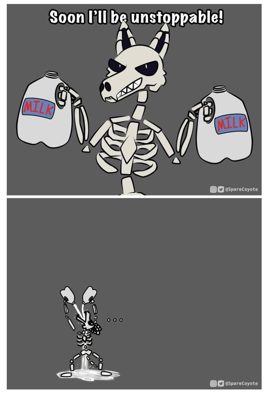 anthro bone border canid canine canis comic coyote dialogue drinking_milk hi_res humor male mammal no_pupils skeleton solo spare_(sparecoyote) sparecoyote white_border
