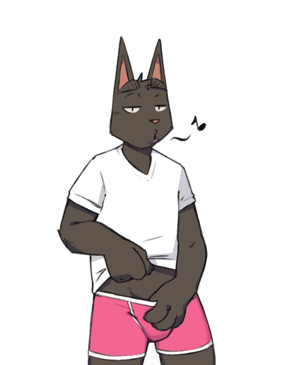 anthro black_body black_fur clothed clothing clothing_lift domestic_cat felid feline felis fur gato_matero gato_matero's_fursona hi_res looking_at_viewer male mammal pink_clothing pink_underwear shirt shirt_lift simple_background solo standing topwear underwear undressing whistle white_background white_clothing white_shirt white_topwear