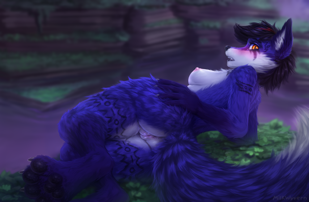 2021 aeri_aosune amber_eyes anthro anus big_butt big_tail black_hair black_lips blue_body blue_fur blush breasts butt butt_focus canid canine chest_tuft claws countershading detailed_background dipstick_tail eyeshadow fangs feet female fluffy fox fur genitals grass hair hand_on_butt hellstorm highlights_(coloring) inner_ear_fluff leg_markings lips looking_at_viewer looking_back lying makeup mammal markings milkwyvern multicolored_body multicolored_fur multicolored_tail nipples nude on_side open_mouth outside pawpads paws plant plump_labia pussy rear_view short_hair side_boob socks_(marking) solo tail_markings tattoo tuft two_tone_body two_tone_fur water white_body white_fur