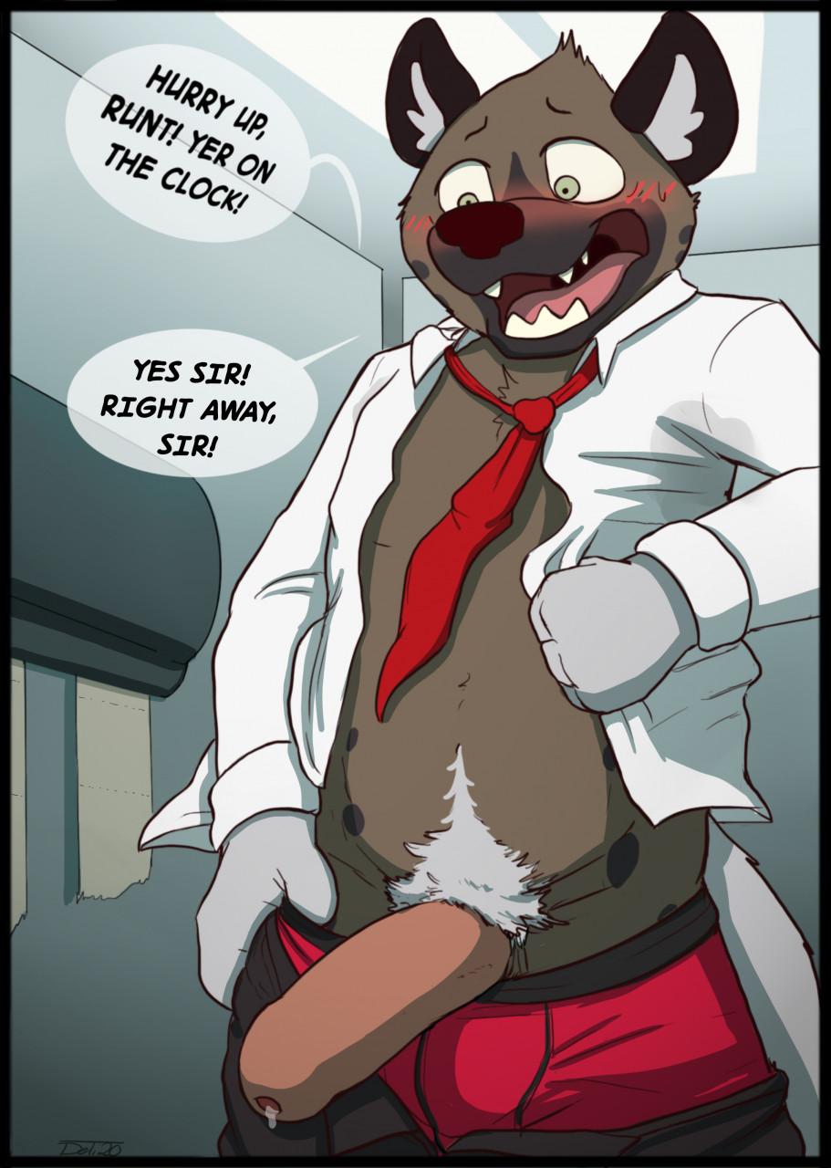 aggressive_retsuko anthro blush bodily_fluids bottomwear boxers_(clothing) brown_body brown_fur clothed clothing delirost detailed_background dialogue english_text foreskin fur genital_fluids genitals haida hi_res humanoid_genitalia humanoid_penis hyaenid male mammal necktie open_bottomwear open_clothing open_pants open_shirt open_topwear pants pants_down partially_clothed penis precum red_clothing red_underwear sanrio shirt speech_bubble spots text topwear underwear underwear_down