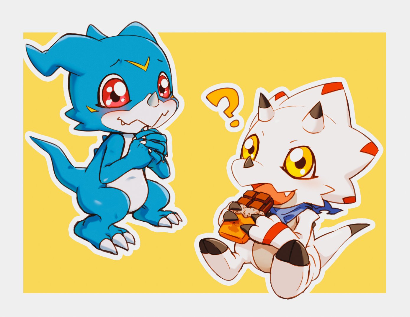 ? anthro asin_567 bandai_namco bandanna blue_body candy chibi chocolate claws dessert digimon digimon_(species) digimon_ghost_game duo eating food gammamon horn kerchief male red_eyes solo veemon white_body yellow_eyes