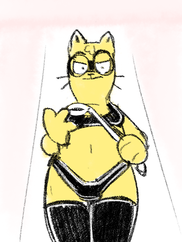 2021 3:4 anthro digital_media_(artwork) domestic_cat dominatrix doodle_town felid feline felis female fur kitty_lolo latex_stockings low-angle_view mammal riding_crop solo whip worm's-eye_view yellow_body yellow_fur zambs