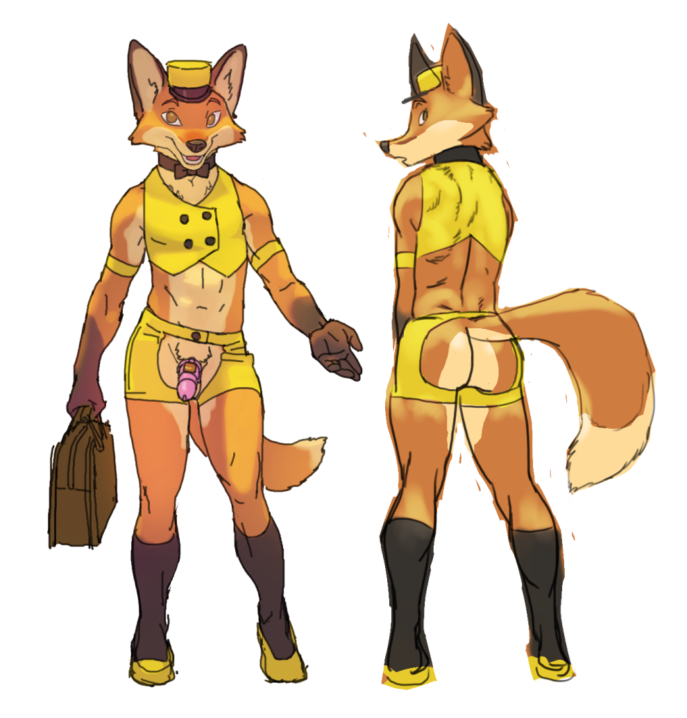 anthro bellhop butt canid canine chaps chastity_cage chastity_device clothed clothing crotchless_shorts fox hat headgear headwear male mammal simple_background skimpy solo spacedog topwear white_background