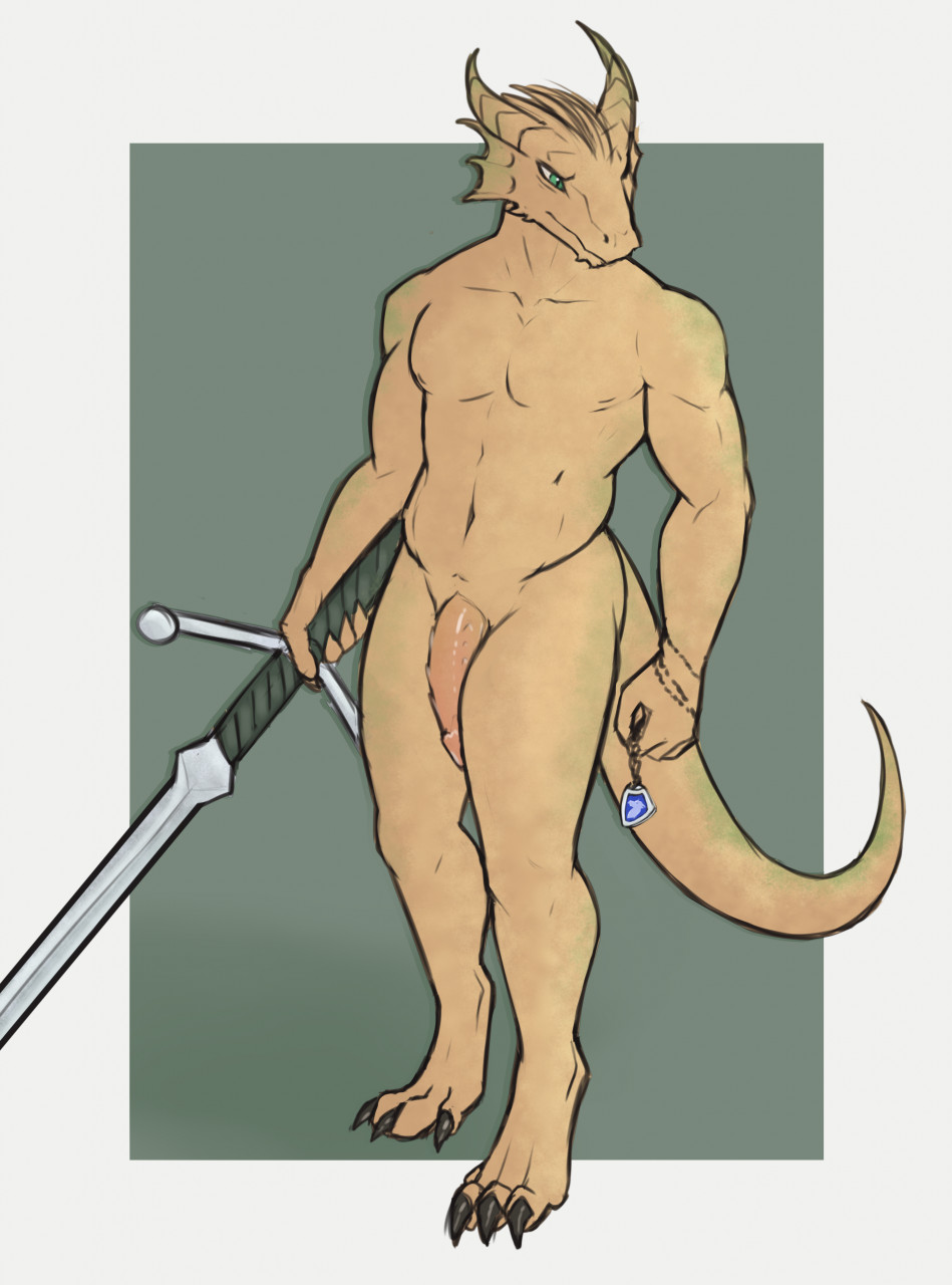 anthro daf dragonborn dungeons_and_dragons flaccid genitals green_eyes hasbro hi_res holding_object holding_weapon horn jewelry looking_away male melee_weapon necklace nude penis simple_background solo standing sword weapon wizards_of_the_coast