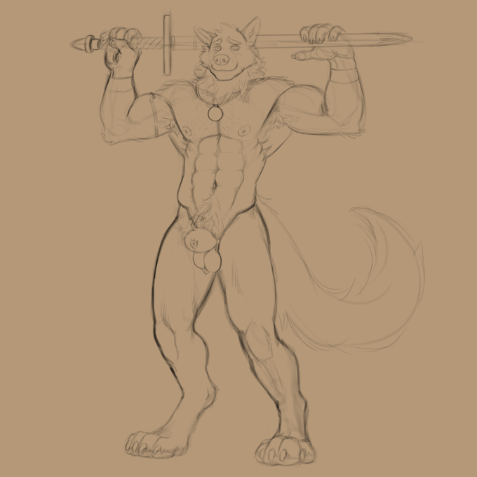 1:1 abs amulet animal_genitalia anthro armor armpit_tuft balls bracers canid canine canis claws digitigrade far_beyond_the_world_(series) genitals holding_object holding_weapon male mammal melee_weapon muscular muscular_anthro muscular_male navel neck_tuft nipples nude possumpecker pubic_fuzz ranok_(far_beyond_the_world) sheath sketch solo sword tuft video_games visual_novel weapon wolf