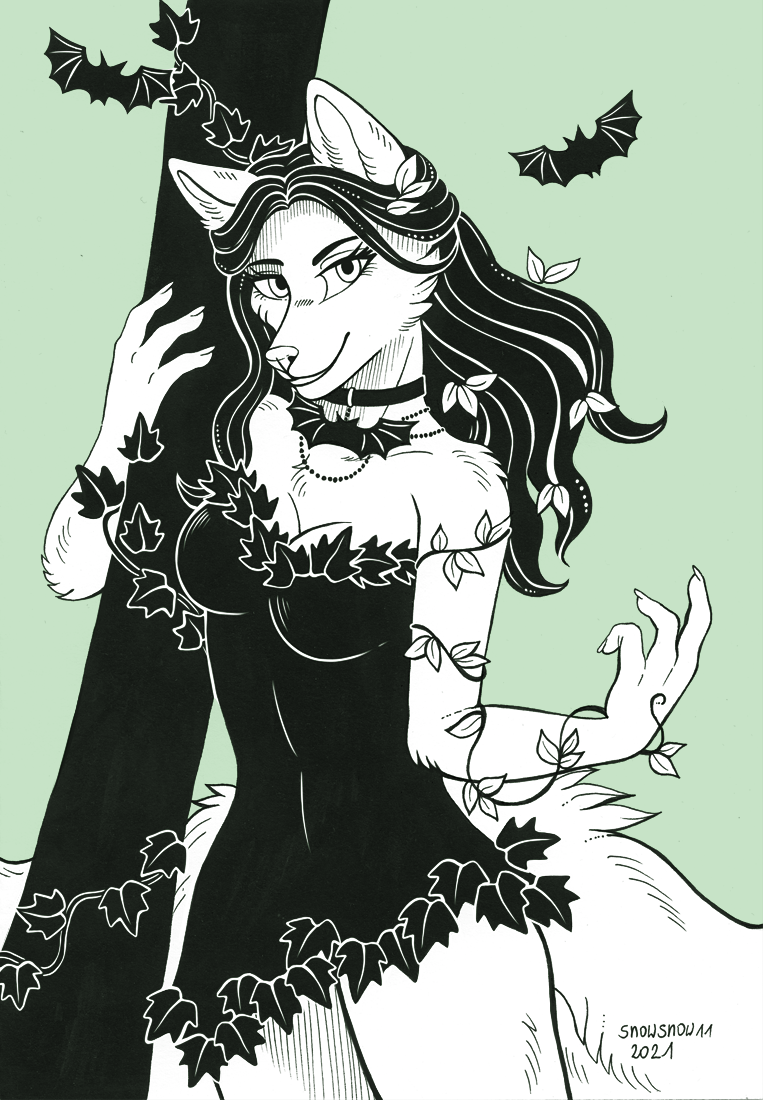2021 anthro black_and_white breasts canid canine chiropteran choker cleavage clothed clothing dress female fox fur hair ivy_(plant) jewelry long_hair looking_at_viewer madretri_(artexplorer) mammal monochrome necklace plant_dress signature smile snowsnow11 solo