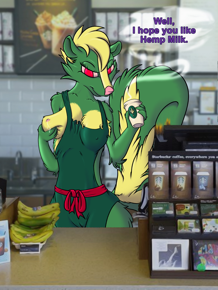 3:4 albino anthro apron apron_only beverage breast_grab breasts camel_toe clothing coffee drugs dyed_fur english_text female full_shading fur green_apron green_body green_fur hand_on_breast i_mean_breast_milk kush_green mammal marijuana mascot meme mephitid milk mostly_nude mursa photo_background red_eyes skunk solo starbucks steam text yellow_body yellow_fur