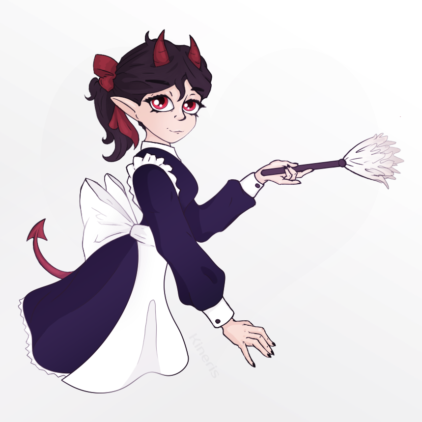 1:1 abstract_background accessory black_hair clothed clothing demon demon_humanoid devil_horns_(disambiguation) dress female hair hair_accessory hair_ribbon humanoid humanoid_pointy_ears kineris_(artist) kineris_(character) looking_at_viewer maid_apron maid_uniform maiddress not_furry red_eyes ribbons solo spade_tail succubus uniform white_body white_skin