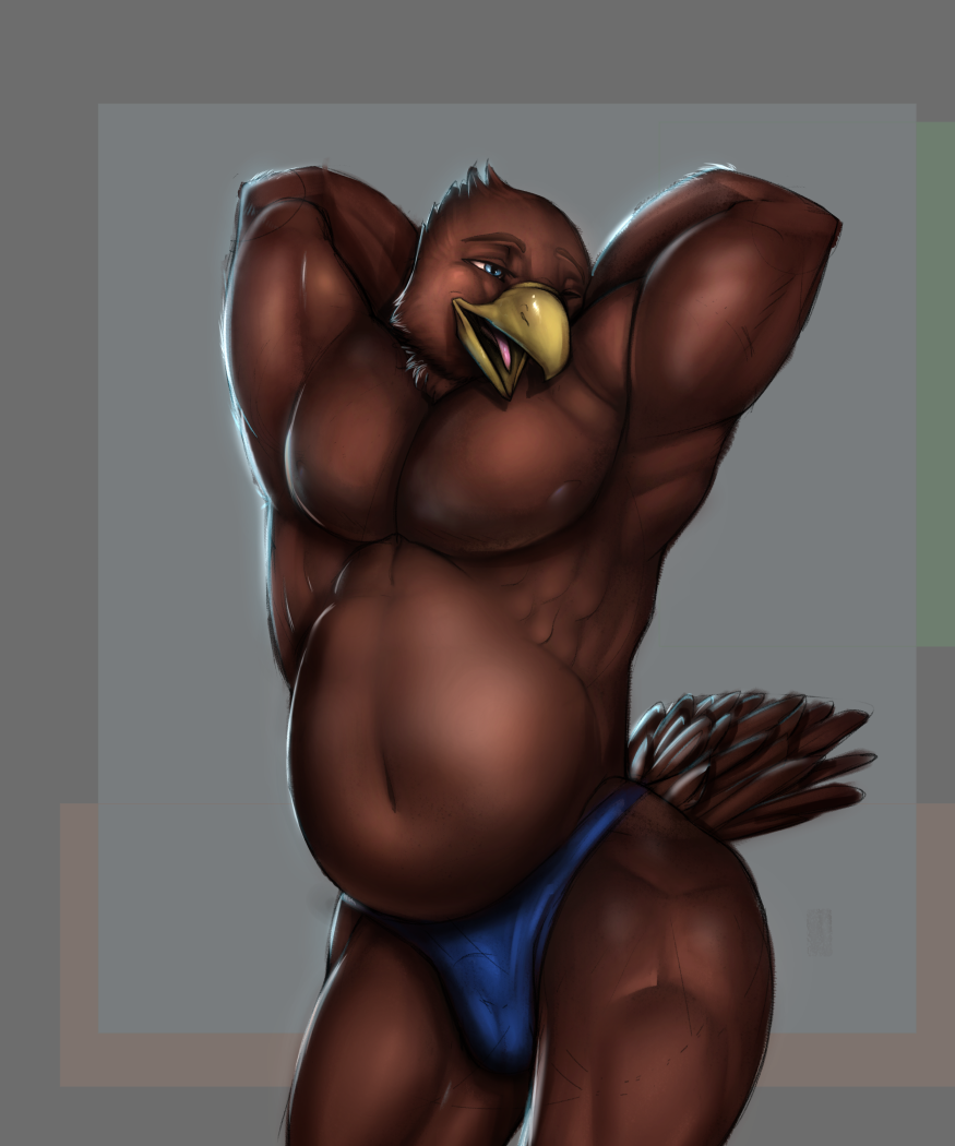 2018 5:6 accipitrid accipitriform anthro avian beak belly biceps big_belly big_pecs bird blue_eyes brown_body brown_eyebrows brown_feathers brown_nipples brown_tail bulge clothed clothing digital_media_(artwork) digital_painting_(artwork) eagle eyebrows feathers front_view grey_background hands_behind_back male musclegut muscular muscular_anthro muscular_male muscular_thighs navel nipples open_beak open_mouth open_smile overweight overweight_anthro overweight_male pecs pink_tongue pinup pose quads shaded simple_background skimpy smile solo speedo swimwear tail_feathers thick_thighs tongue topless triceps yellow_beak zyyphelze