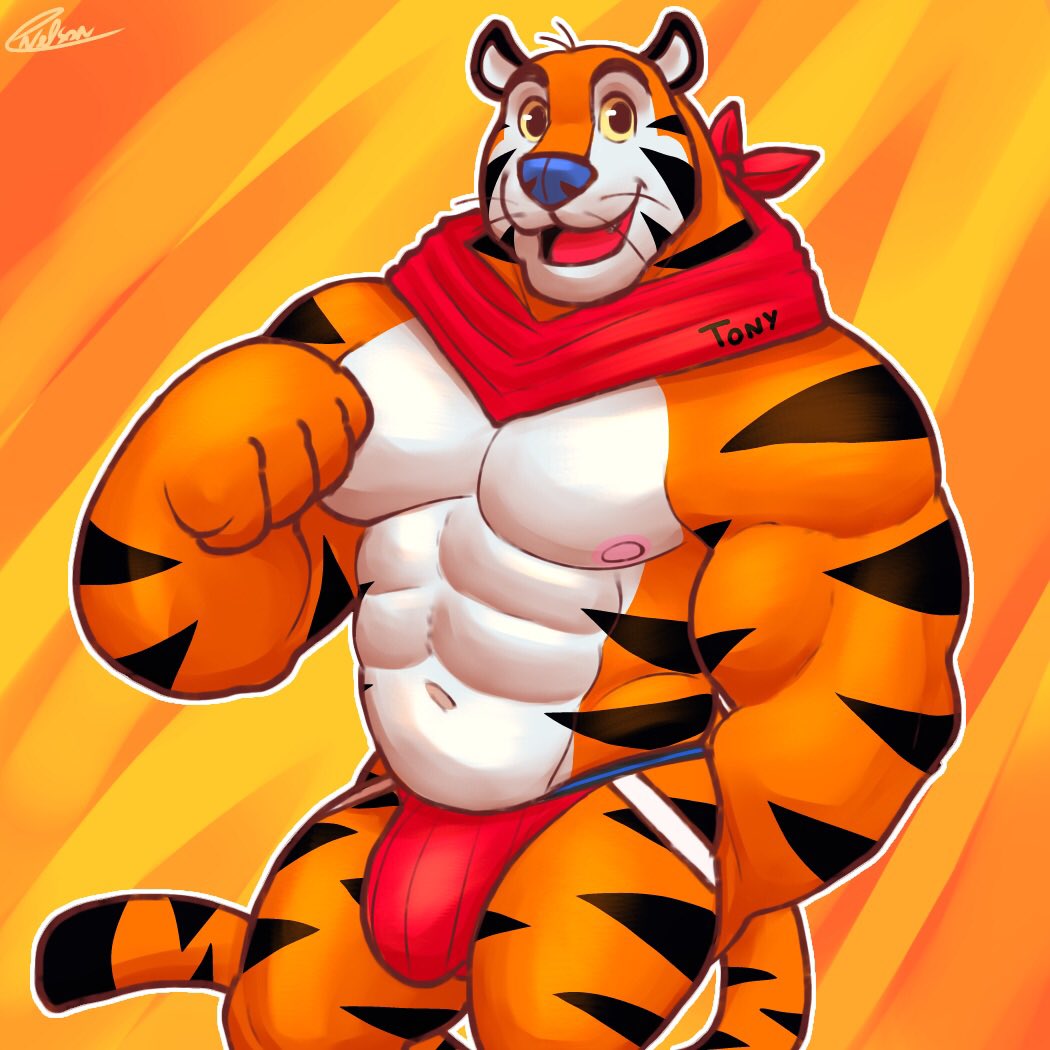 1:1 2021 abs anthro big_muscles bulge character_name clothing felid frosted_flakes jockstrap kellogg's looking_at_viewer male mammal mascot muscular muscular_anthro muscular_male navel neckerchief nelsontheshark nipples open_mouth open_smile orange_background pantherine pecs signature simple_background smile solo standing tiger tony_the_tiger underwear whiskers yellow_background