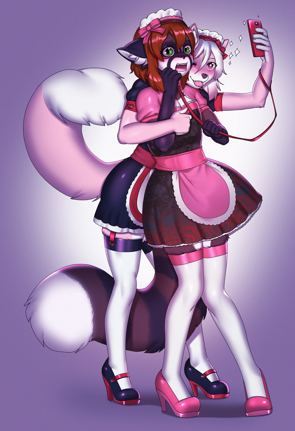 ailurid anthro arh blep blush brown_body brown_fur brown_hair canid canine canis clothed clothing collar crossdressing dipstick_tail domestic_dog dress duo ears_back embrace fluffy fluffy_tail fur garter_straps girly gradient_background green_eyes hair hi_res high_heels hug hugging_from_behind husky inner_ear_fluff knock-kneed leash legwear maid_headdress maid_uniform male male/male mammal markings multicolored_tail nonbinary_(lore) nordic_sled_dog one_eye_closed pink_body pink_eyes pink_fur pivoted_ears procyonid raccoon ravika red_panda rosada selfie simple_background spitz stockings tail_markings teasing thigh_highs tongue tongue_out tuft uniform white_hair wide_eyed wink