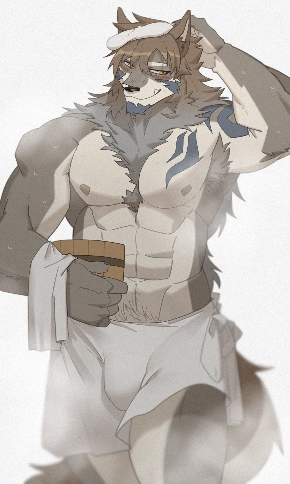 3:5 abs anthro arm_tattoo armpit_hair bath bathing blush body_hair bulge canid canine canis chest_hair hachi_duchi hi_res lifewonders looking_at_viewer male mammal muscular nipples pecs simple_background smile solo tattoo temujin tokyo_afterschool_summoners towel towel_only video_games wolf