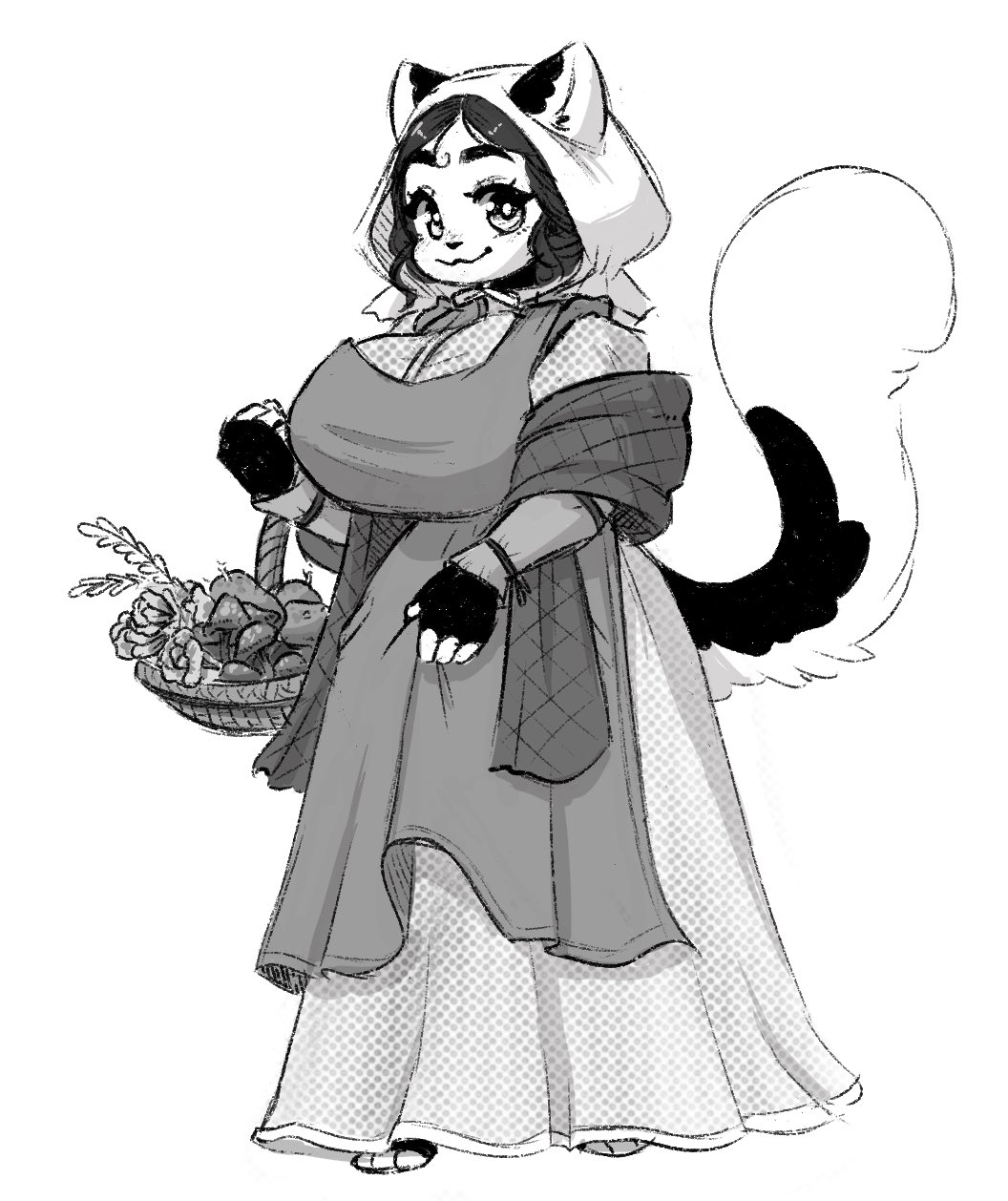 amelie_(jinx_doodle) anthro apron basket big_breasts big_eyes breasts clothed clothing container detailed dress farm farmer felid feline female fluffy fluffy_tail fur hi_res hood huge_breasts inner_ear_fluff jinx_doodle looking_at_viewer mammal paws sketch smile solo thick_thighs tuft wide_hips