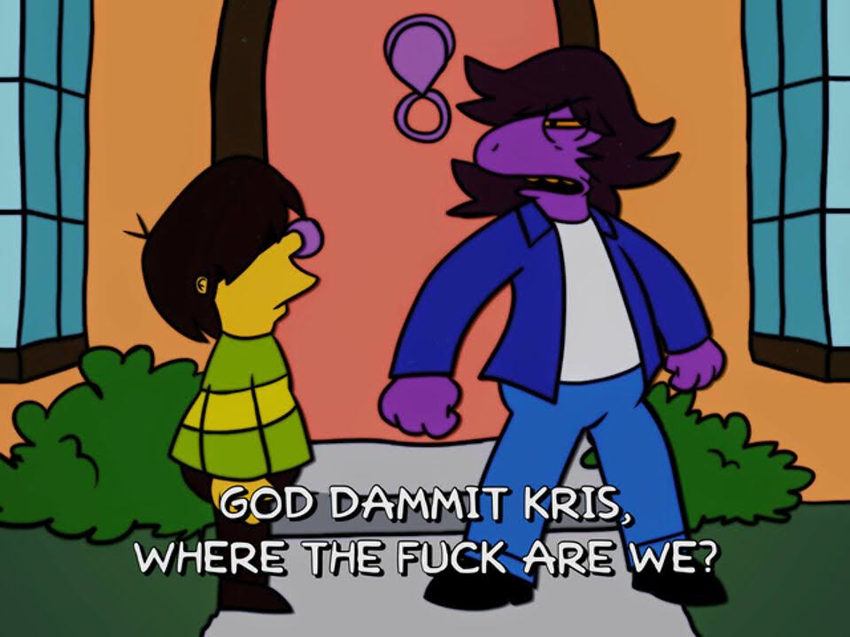 4:3 ambiguous_gender annoyed bottomwear brown_hair building calicovision clothing deltarune denim denim_clothing detailed_background dialogue dinosaur door door_knocker duo english_text female footwear front_view hair hair_over_eyes house human humor jacket jeans kris_(deltarune) kris_where_are_we mammal meme narrowed_eyes obscured_eyes open_mouth outside pants plant profanity purple_body purple_scales reptile scales scalie shirt shoes shrub side_view standing style_parody susie_(deltarune) text the_simpsons topwear undertale_(series) video_games window yellow_body yellow_sclera yellow_skin