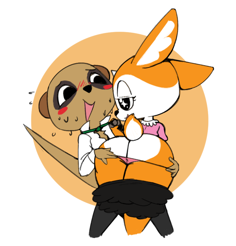 aggressive_retsuko antelope anthro big_butt blush bodily_fluids bottomwear bovid butt butt_grab chief_komiya clothed clothing clothing_pull duo female female_on_top gazelle hand_on_butt herpestid huge_butt male male/female mammal meerkat on_top open_mouth panties partially_clothed sanrio simple_background skirt skirt_down sweat sweatdrop thick_thighs thong tsunoda underwear vono