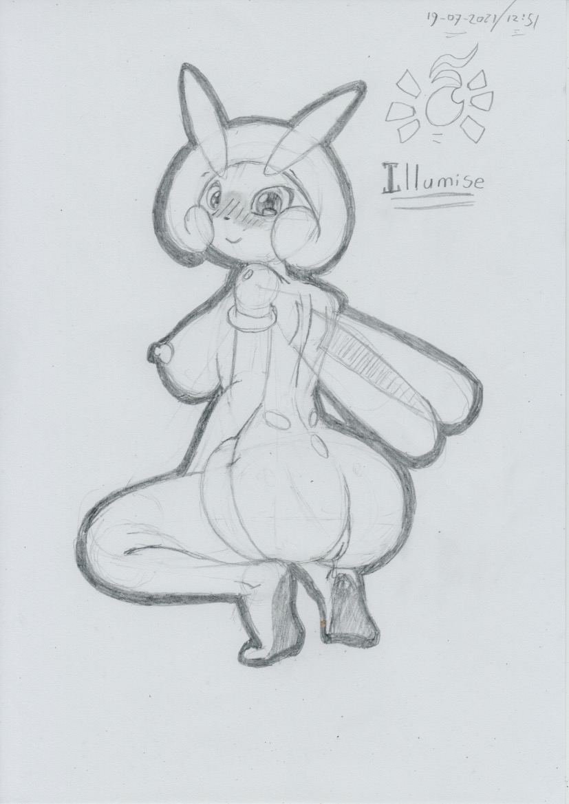 2021 anthro anthrofied arthropod bent_legs blush bodily_fluids breasts butt crouching feet female genital_fluids genitals graphite_(artwork) illumise insect_wings looking_at_viewer looking_back lunaris_parukia nintendo nipples nude pok&eacute;mon pok&eacute;mon_(species) pok&eacute;morph pussy pussy_juice raised_heel rear_view solo traditional_media_(artwork) video_games wings