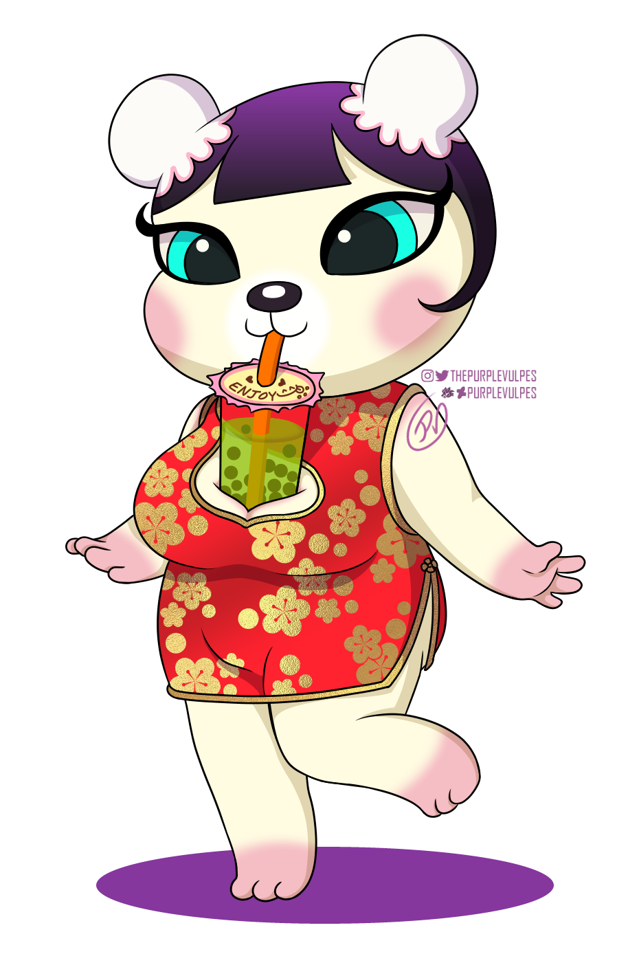 animal_crossing anthro asian_clothing beverage breasts bubble_tea chinese_clothing chinese_dress cleavage cleavage_cutout clothed clothing dress east_asian_clothing female hi_res mammal nintendo on_one_leg ox_horns pekoe_(animal_crossing) purplevulpes rosy_cheeks simple_background solo standing ursid video_games white_background