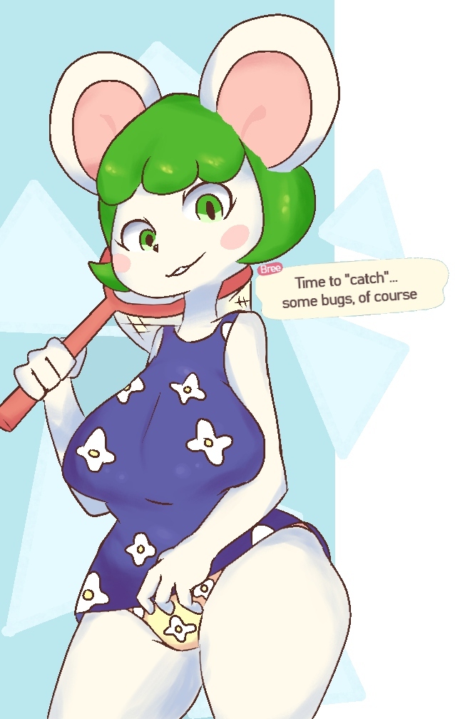 animal_crossing anthro big_breasts breasts bree_(animal_crossing) clothed clothing english_text female floral_print gikowinko looking_at_viewer mammal mouse murid murine nintendo panties panty_shot pattern_clothing pattern_underwear rodent smile solo text underwear video_games