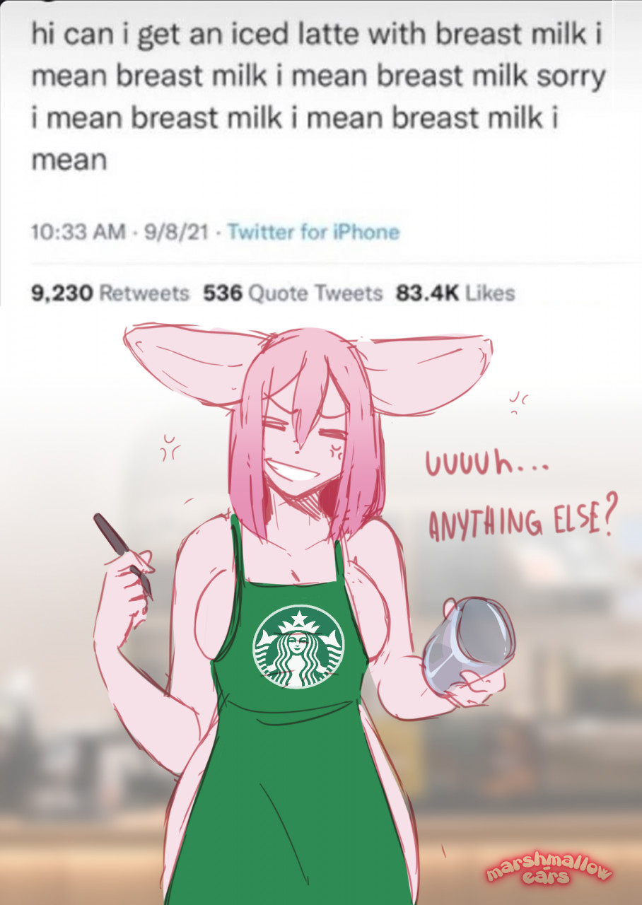 annoyed anthro apron apron_only big_breasts breasts clothing curvy_figure digital_media_(artwork) english_text female green_apron hair hi_res i_mean_breast_milk marshmallow-ears meme mostly_nude peachy_(marshmallow-ears) pink_body pink_hair sketch solo starbucks text tweet