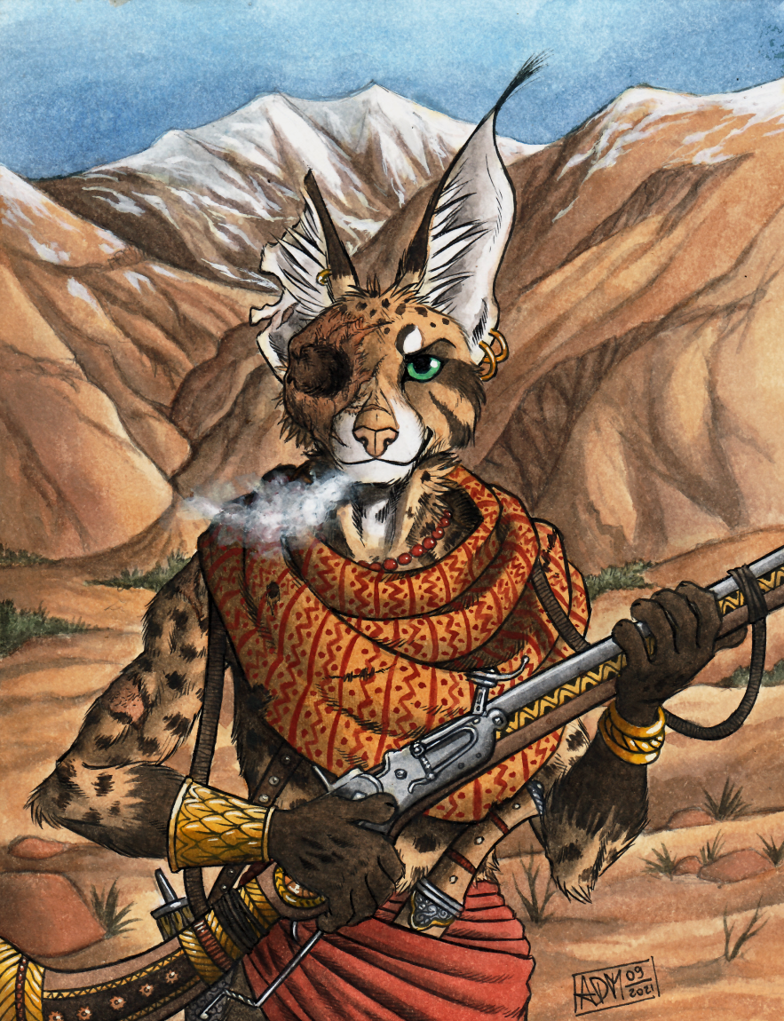 0laffson 2021 5_fingers ambiguous_gender anthro brown_body brown_fur caracal caracal_(genus) clothed clothing day detailed_background ear_piercing ear_ring felid feline fingers fur gun holding_gun holding_object holding_weapon mammal nur_(0laffson) outside piercing ranged_weapon sky smile solo traditional_media_(artwork) weapon
