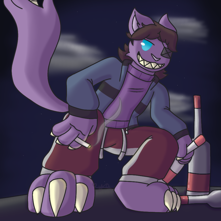 1:1 alcohol anthro beverage blue_eyes cigarette crouching domestic_cat exposed_bone eye_patch eyewear felid feline felis fur male mammal paul_(snizzydraws) purple_body purple_fur sharp_teeth smile snizzydraws solo teeth vodka