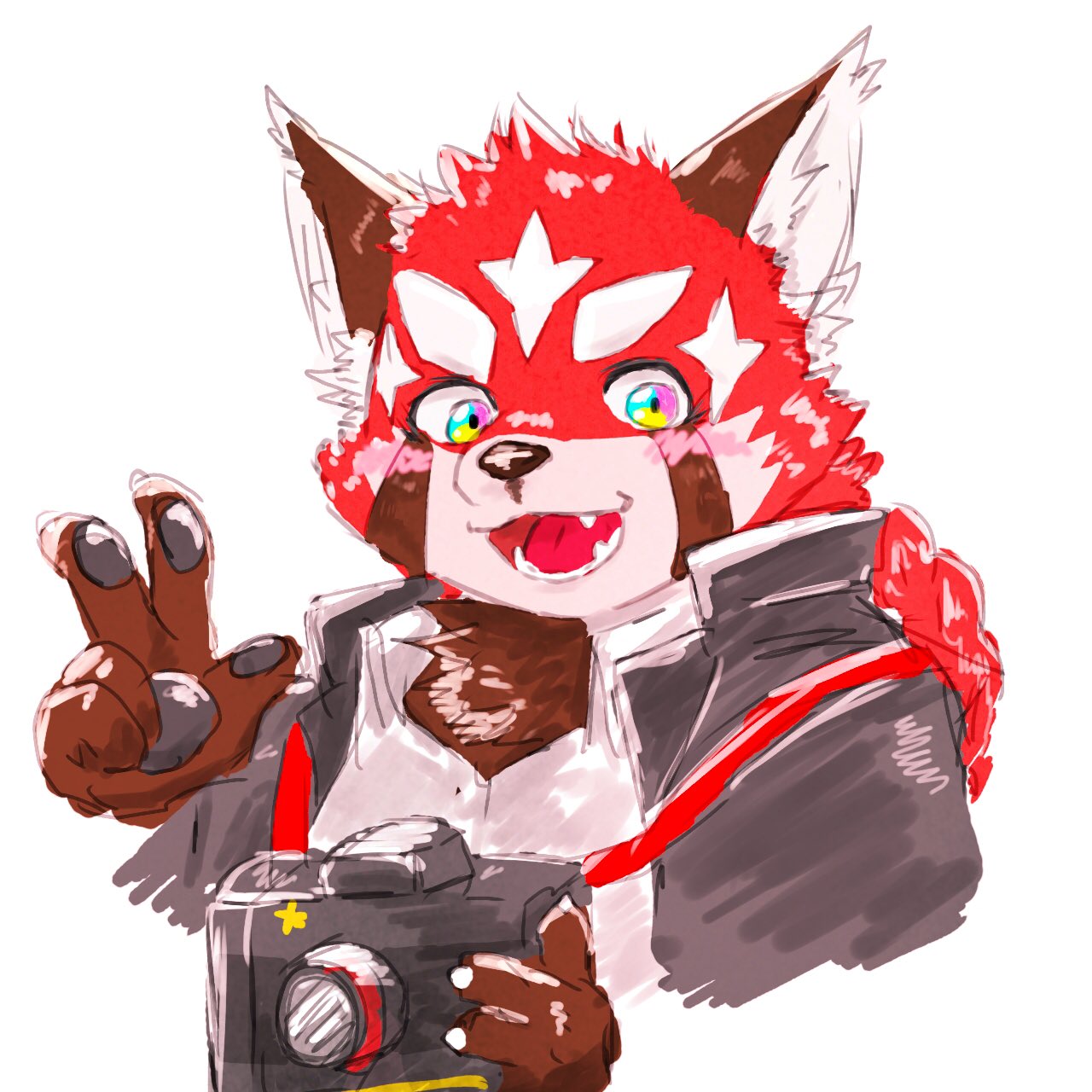 1:1 2021 ailurid anthro biped black_nose blush brown_body brown_fur camera clothed clothing fur hi_res humanoid_hands kannepaz kemono lifewonders male mammal red_body red_fur red_panda shirt simple_background solo tokyo_afterschool_summoners topwear video_games white_background zhurong_(tas)