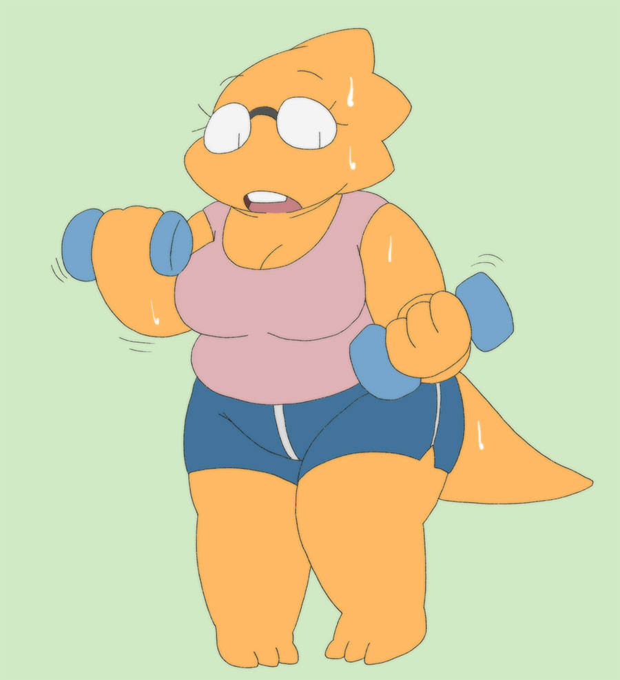 2021 alphys alpi anthro belly big_breasts bodily_fluids bottomwear breasts chubby_female cleavage clothed clothing dolphin_shorts exercise eyewear female fully_clothed glasses lizard non-mammal_breasts reptile scalie short_stack shorts slightly_chubby solo sweat thick_tail thick_thighs undertale undertale_(series) video_games weightlifting workout