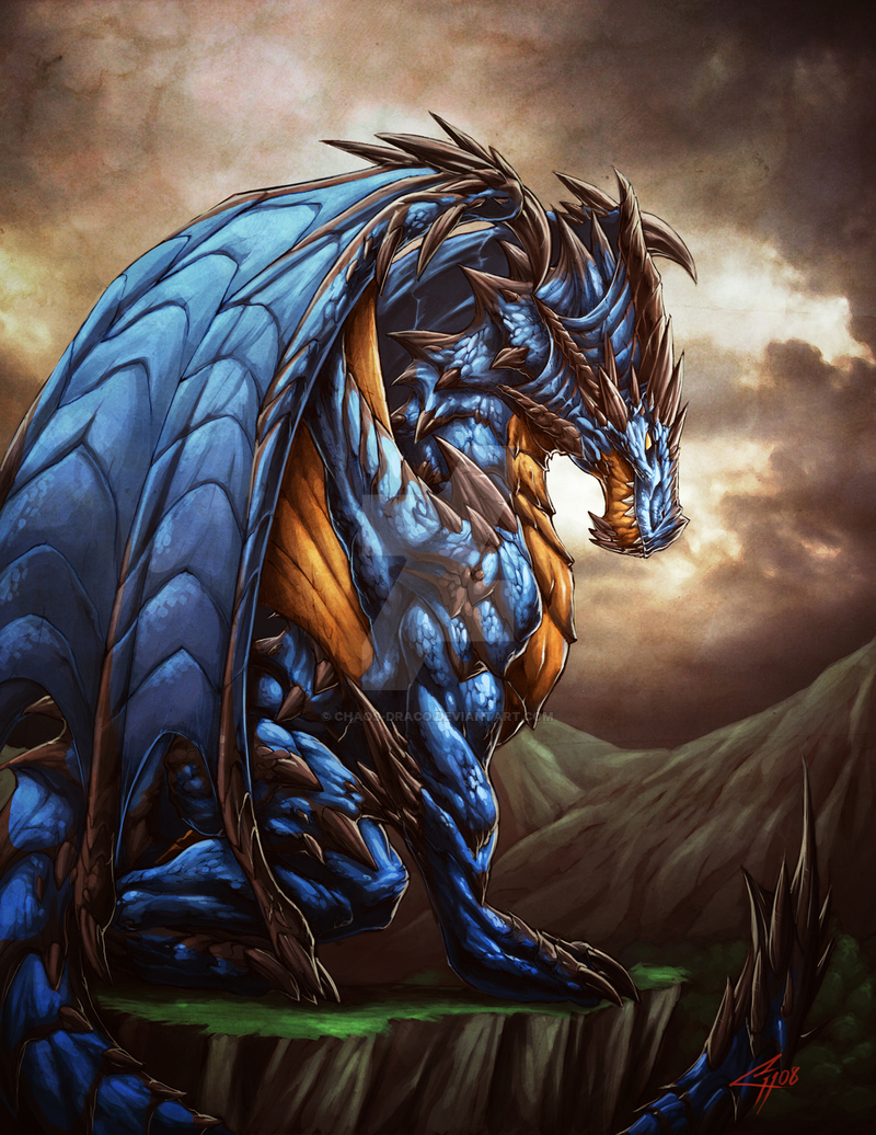 2009 ambiguous_gender blue_body blue_scales chaos-draco claws day detailed_background digital_media_(artwork) dragon feral horn membrane_(anatomy) membranous_wings outside scales scalie sky solo spines standing western_dragon wings
