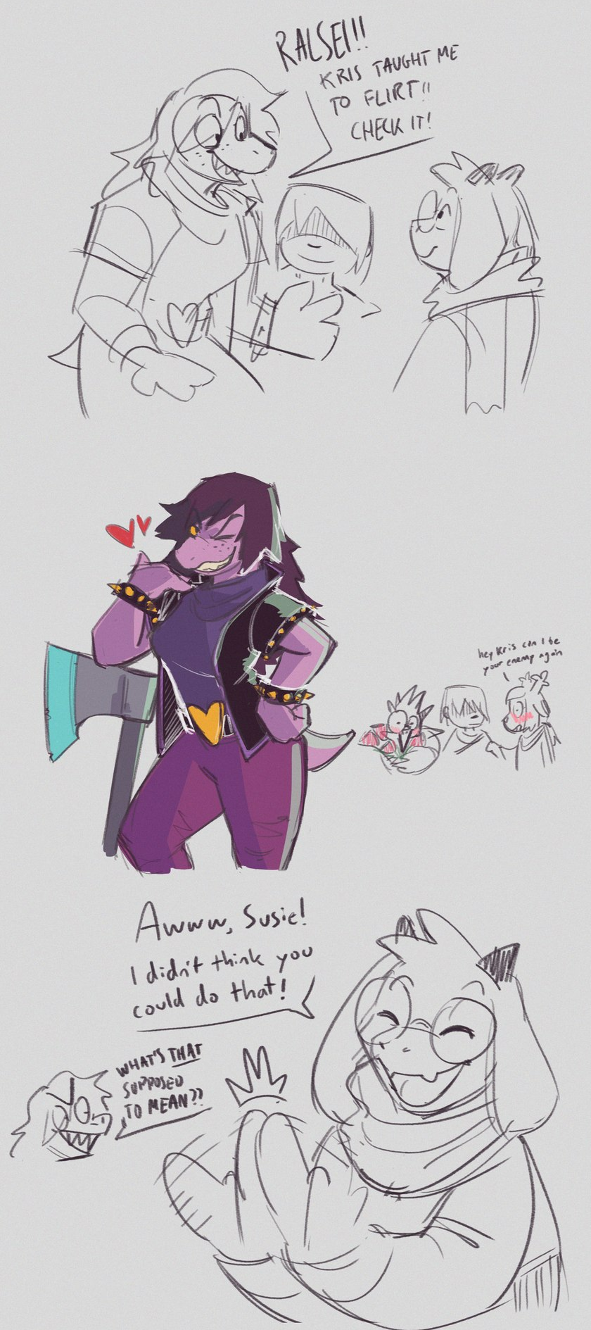 &lt;3 2021 ambiguous_gender anthro avian axe berdly boss_monster bovid capreoline caprine cervid clapping clothed clothing comic deltarune dialogue english_text female flirting goat group heart_clothing heart_print hi_res holding_object holding_weapon human humor kris_(deltarune) male mammal melee_weapon noelle_holiday partial_speech_bubble pose print_clothing ralsei reindeer reptile scalie susie_(deltarune) text thelivingtrashcan undertale undertale_(series) video_games weapon