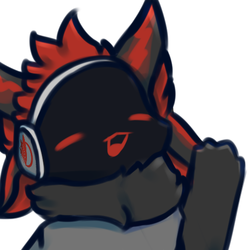 1:1 alpha_channel ambiguous_gender anthro black_body black_fur emote eyes_closed fluffy fur fur_markings gesture machine mammal markings open_mouth protogen red_body red_fur simple_background smile snoiifoxxo solo transparent_background tuft visor waving