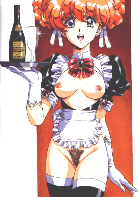 alcohol apron artbook breasts cup cyan_eyes female framed_breasts gloves gradient gradient_background maid maid_apron nipples orange_hair pubic_hair revealing_clothes simple_background solo thighhighs urushihara_satoshi useless_clothes venus_artbook wine wine_glass