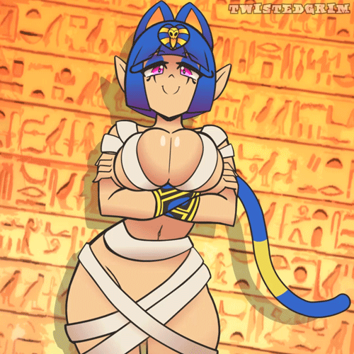 1:1 4_fingers animal_crossing animal_humanoid animated ankha_(animal_crossing) ankha_zone big_breasts black_pupils blue_eyeshadow blue_hair blue_tail bouncing_breasts breast_rest breast_squish breasts cat_humanoid cat_tail chest_wraps closed_smile clothed clothing cosplay crossed_arms dancing egyptian emi_(character) eyebrow_through_hair eyebrows eyelashes eyeshadow felid felid_humanoid feline feline_humanoid female fingers glistening glistening_breasts glistening_eyes hair humanoid humanoid_pointy_ears humor long_eyelashes looking_at_viewer low_res makeup mammal mammal_humanoid markings meme navel nintendo partially_clothed pink_eyes pupils short_hair short_playtime smile solo squish striped_markings striped_tail stripes tail_markings tail_motion tailwag tan_body tan_skin thick_thighs translucent translucent_hair twistedgrimtv two_tone_tail uraeus video_games watermark wide_hips wrappings wraps wristband yellow_inner_ear yellow_tail