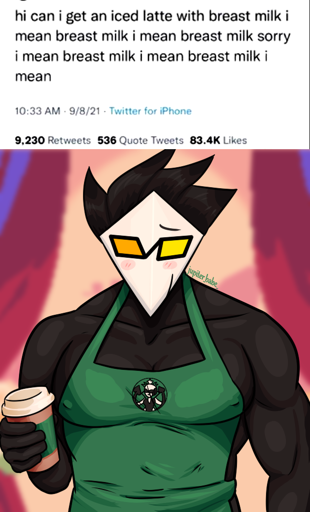 2021 ambiguous_gender ambiguous_species anthro apron apron_only barazoku black_body blush clothed clothing container cup darkner deltarune digital_media_(artwork) english_text erect_nipples eyewear green_apron hair humanoid i_mean_breast_milk jupiter-boy looking_at_viewer male mammal meme mostly_nude muscular muscular_anthro muscular_male nipples pecs shaded simple_background solo starbucks swatch_(deltarune) swatchling tagme text undertale_(series) video_games