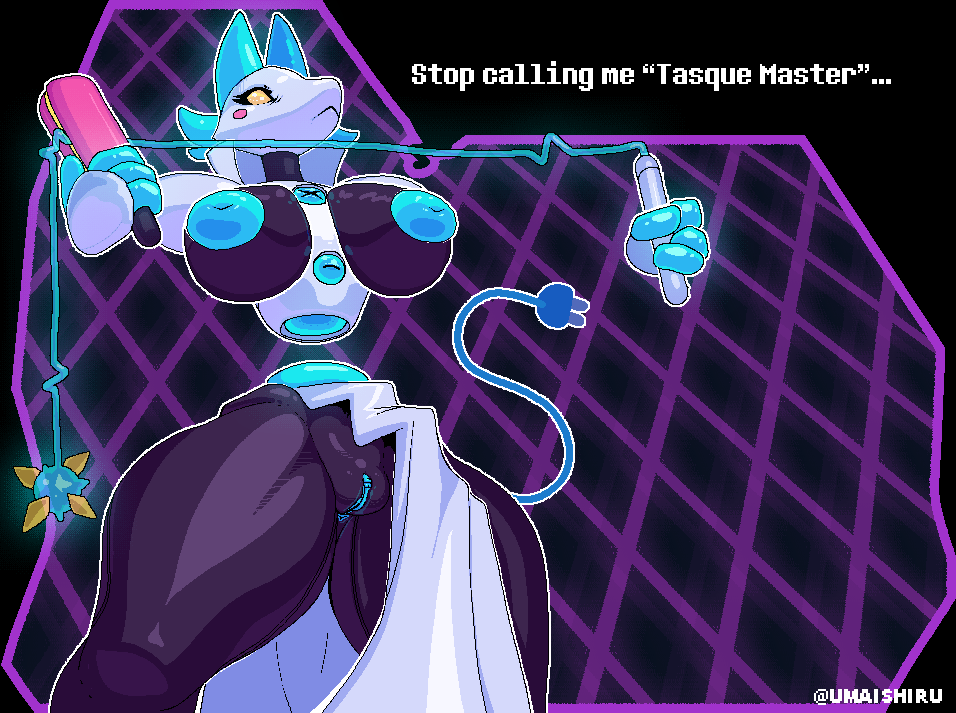 aliasing anthro big_breasts breasts deltarune english_text female genitals hair_straightener huge_thighs inverted_nipples nipples peachpunch11 pussy solo tasque_manager text thick_thighs undertale_(series) video_games whip wide_hips